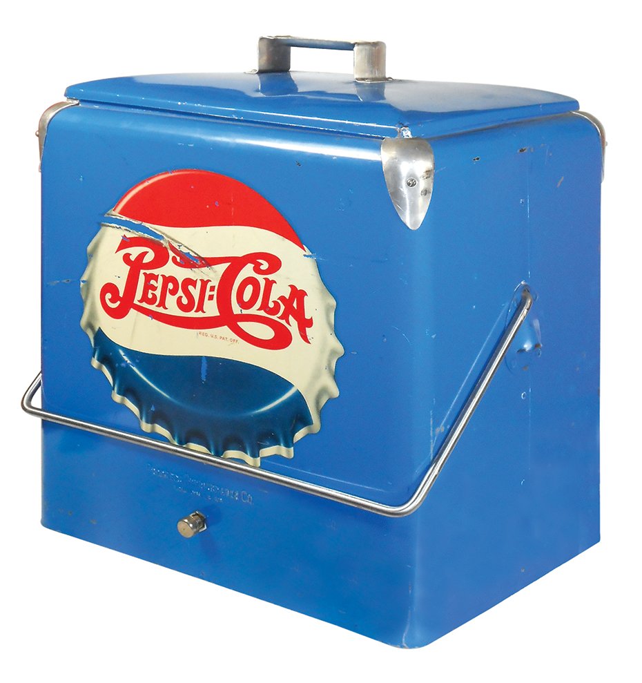 Pepsi-Cola insulated cooler, double dot, metal: Pepsi-Cola insulated cooler, double dot, metal w/lift-out tray, bottle cap logo front & back & bottle opener on side, made by Progress Refrigerator Co.-Louisville, KY, VG cond w/paint scratches & dent