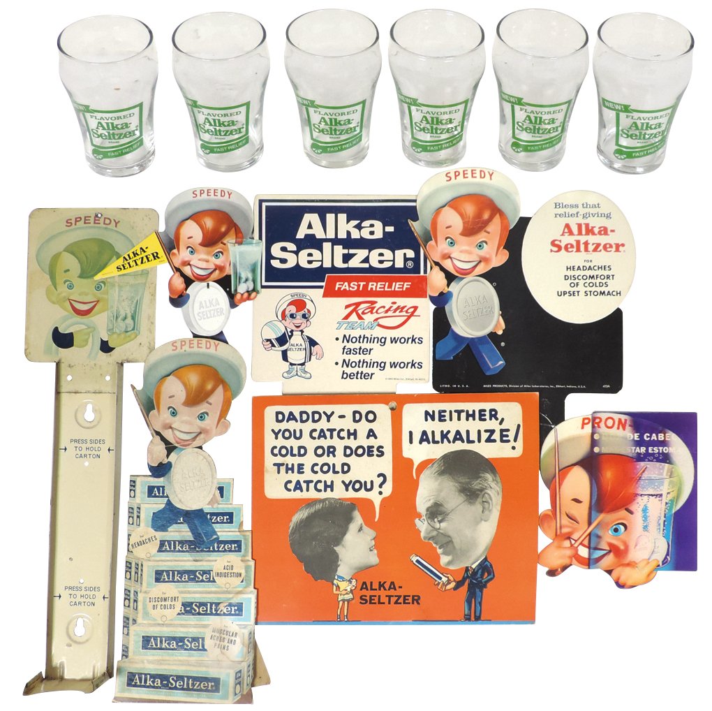 Drug store display, sign & glasses (13), (6): Drug store display, sign & glasses (13), (6) Alka-Seltzer tumblers, (6) Speedy cdbd bottle toppers & 1 Speedy metal display, all VG+ cond.