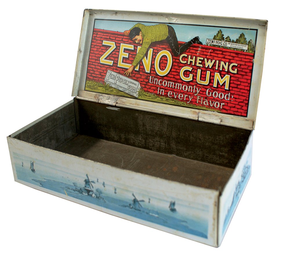 Chewing gum tin, Zeno, early lithographed tin box: Chewing gum tin, Zeno, early lithographed tin box w/Dutch ships & windmills on all sides & top, hinged lid opens to show a man on brick wall reaching for a pack of Zeno Pepsin Gum, mfgd by American Ca