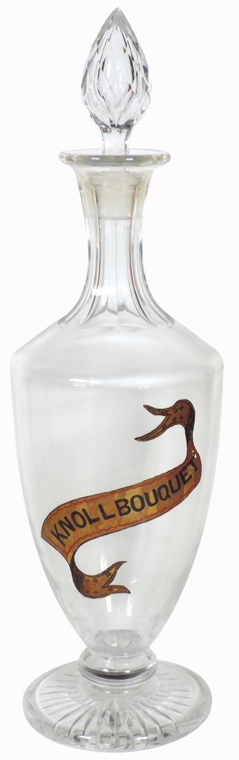 Apothecary show jar, Knollbouque painted banner on: Apothecary show jar, Knollbouque painted banner on front, ribbed glass neck & faceted glass stopper, Exc cond w/some discoloring on banner, 25"H.