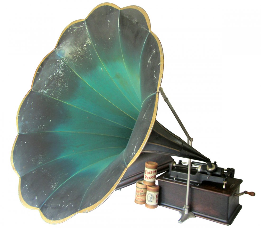 Edison cylinder player, "Home Phonograph", dark oak: Edison cylinder player, "Home Phonograph", dark oak case w/domed cover, morning glory horn, iron mounting bracket & 3 cylinder records, Model H-4 reproducer, VG/Exc working cond w/some scratches on ho