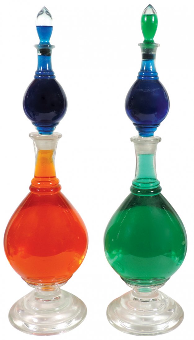 Apothecary show jars (2), matching pr of 4 pc stacking: Apothecary show jars (2), matching pr of 4 pc stacking jars, both in Exc cond & 26"H.