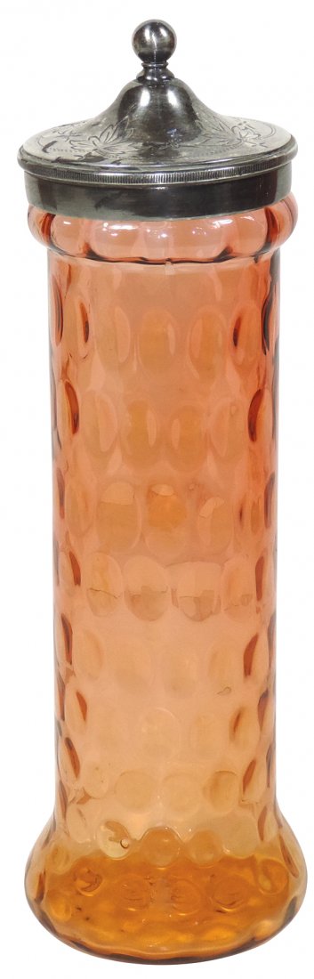 Straw holder, shaded amber/lt cranberry inverted: Straw holder, shaded amber/lt cranberry inverted thumbprint blown glass w/decorated metal lid, Exc cond, 11.5"H.