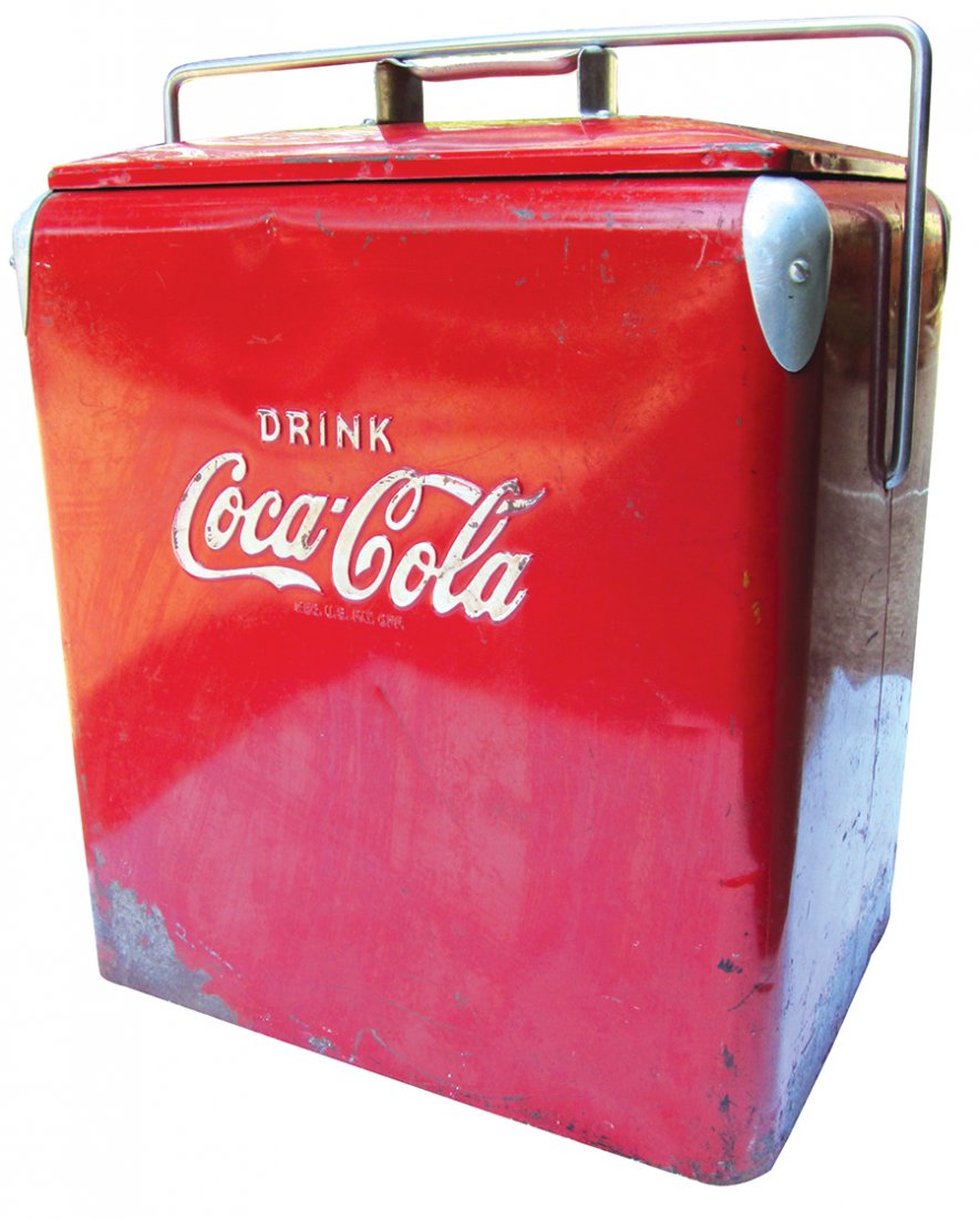 Coca-Cola picnic cooler, mfgd by Temp Rite Mfg Co.: Coca-Cola picnic cooler, mfgd by Temp Rite Mfg Co.-Arkansas City, KS, extra tall size, metal, VG cond w/usual wear & paint loss at bottom, 21"H x 17"W x 12"D.
