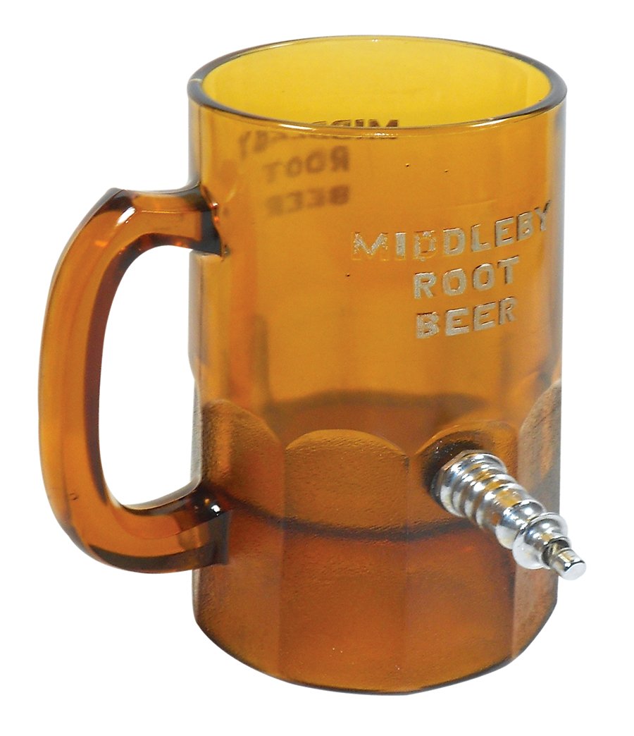 Syrup dispenser, Middleby Root Beer, mug shape, frosted: Syrup dispenser, Middleby Root Beer, mug shape, frosted dark amber glass w/spigot, Exc cond, 12"H.