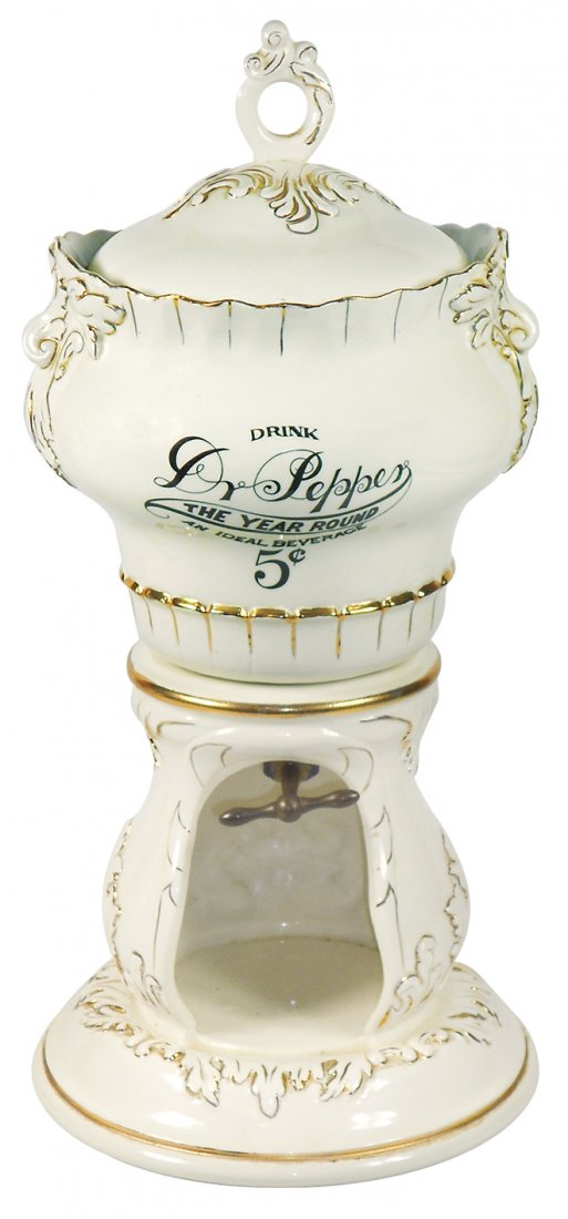 Syrup dispenser, Dr Pepper, The Ideal Beverage 5 Cents,: Syrup dispenser, Dr Pepper, The Ideal Beverage 5 Cents, ceramic urn w/pedestal, matching lid & spigot, mfgd by Marv Art, c.1970's, #75 of 2000 made, Exc cond, 19"H.