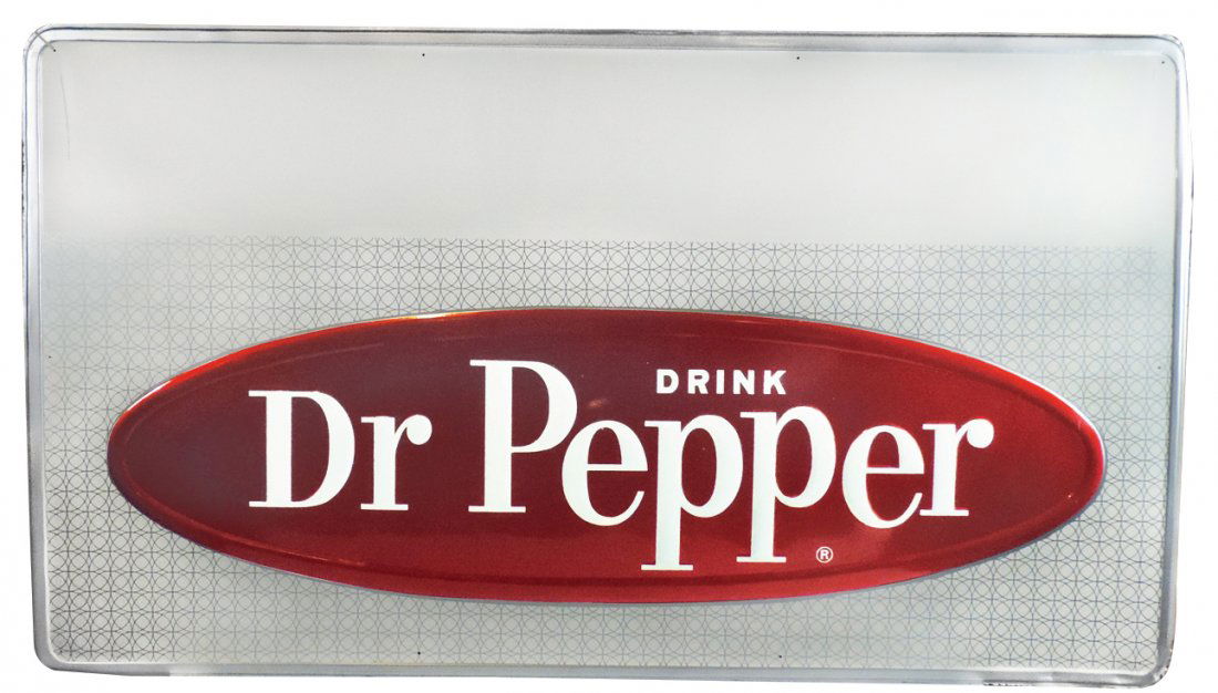Soda fountain sign, Dr Pepper, embossed metal, space at: Soda fountain sign, Dr Pepper, embossed metal, space at top for personalization, VG+ cond, 32"H x 56"W.