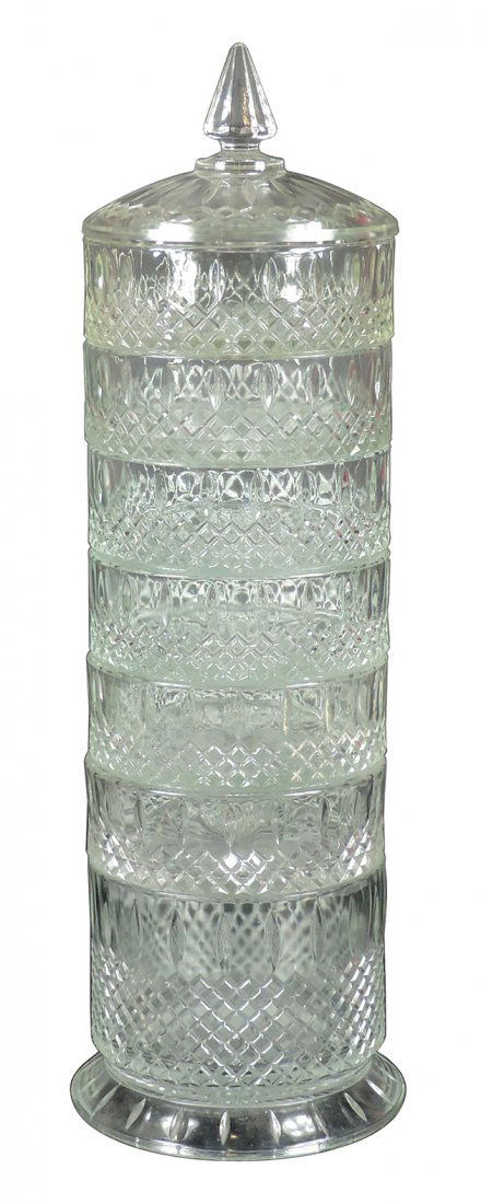 Candy stacking show jar, heavy pressed glass w/7: Candy stacking show jar, heavy pressed glass w/7 sections plus lid, Exc cond w/few nicks at top of 2 sections, 21.5"H x 6"Dia.