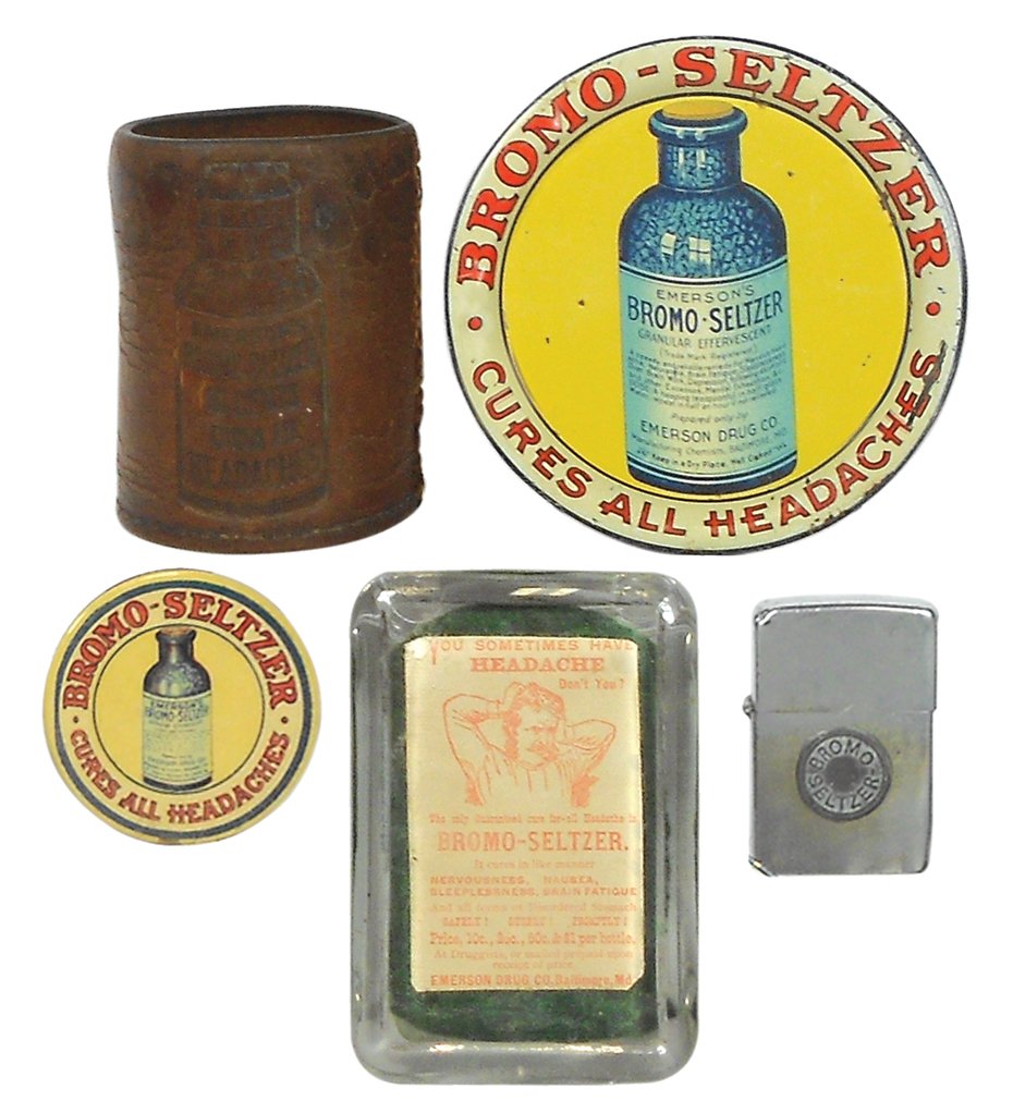 Drug store Bromo-Seltzer smalls (5), litho on metal tip: Drug store Bromo-Seltzer smalls (5), litho on metal tip tray, 4.25"Dia, VG cond; embossed leather cup/bottle sleeve; celluloid pocket mirror; Zippo lighter & glass paperweight, all VG cond, paperweigh