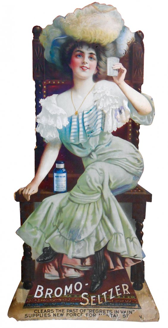 Drug store Bromo-Seltzer sign, beautiful Victorian lady: Drug store Bromo-Seltzer sign, beautiful Victorian lady drinking her Bromo, Rare, c.1900, heavy diecut cdbd, Good+ cond w/some loss on bottom lettering & some edge wear, 2 smaller holes-one in hair, o