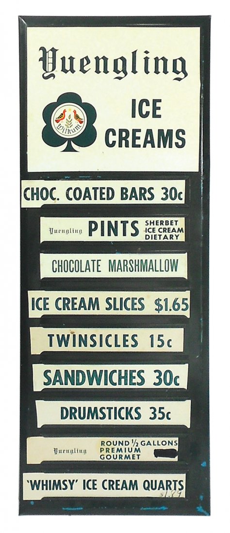 Soda fountain menu sign, Yuengling Ice Creams, mfgd by: Soda fountain menu sign, Yuengling Ice Creams, mfgd by Yuengling Co.-Pottsville, PA, metal, VG+ cond, 24"H x 9"W.