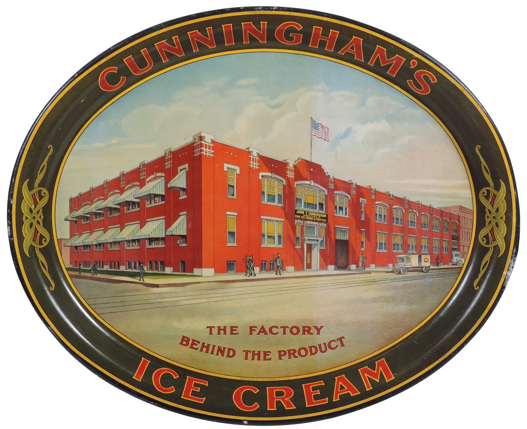 Soda fountain tray, Cunningham's Ice Cream litho on tin: Soda fountain tray, Cunningham's Ice Cream litho on tin tray, Am. Can Co. litho shows Cunningham's factory, large oval tray w/some edge wear, overall VG+ cond, 15"H x 18.5"W.