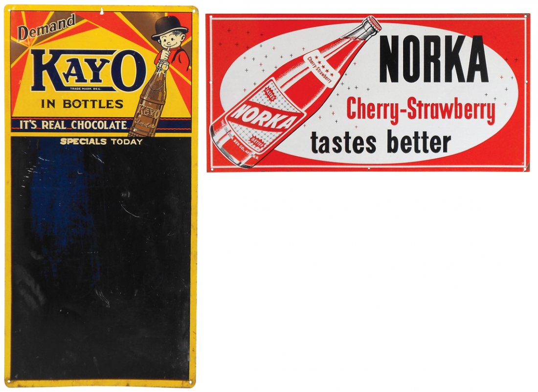 Soda fountain sign & menu board (2), Norka Cherry &: Soda fountain sign & menu board (2), Norka Cherry & Strawberry, Norka Beverage Co.-Akron, OH, metal, VG cond, 12"H x 24"W & Kayo Chocolate, metal, Good cond, 27.75" x 13.5"W.