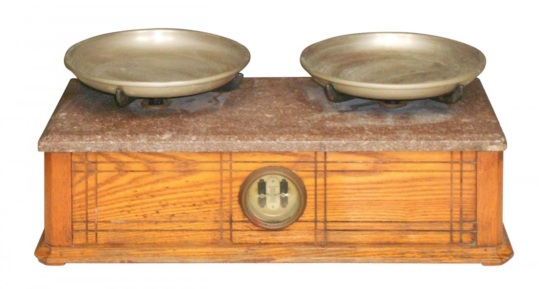 Drug store balance scale, Henry Troemner-Phila, PA No.: Drug store balance scale, Henry Troemner-Phila, PA No. 19, oak/ash case w/marble top & metal pans, VG cond, 8.25"H x 19"W x 9.5"D.