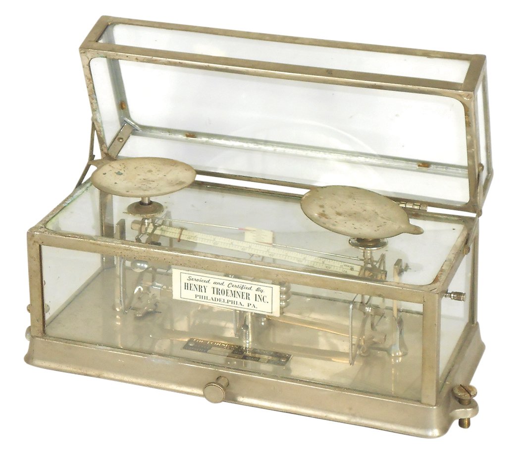 Drug store scale, Torsion Balance Co.-NY, serviced &: Drug store scale, Torsion Balance Co.-NY, serviced & certified by Henry Troemner-Phila, PA, Cap 120 gm, Class A, metal & glass case w/leveler screws on ea side, VG cond, 6.5"H x 13"W x 5.5"D.