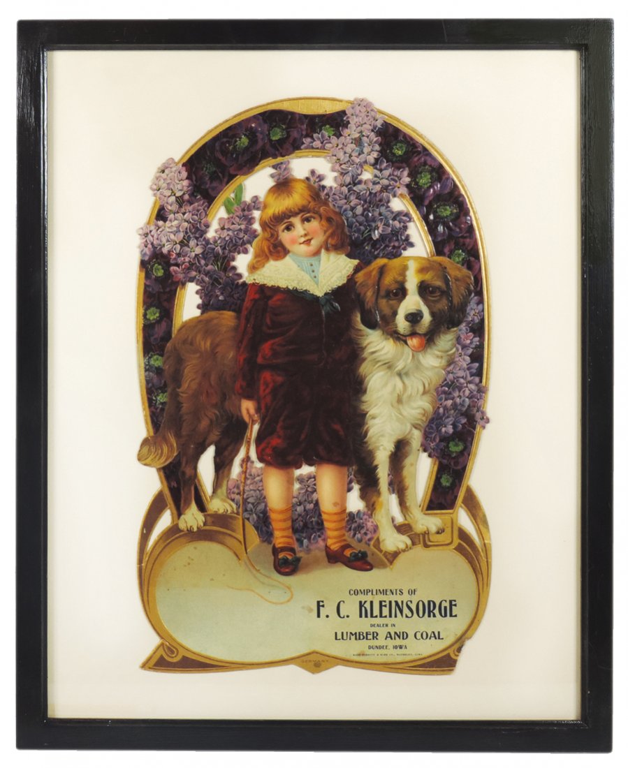 Advertising diecut, Compliments of F. C.: Advertising diecut, Compliments of F. C. Kleinsorge-Dundee, IA, child w/St. Bernard, missing bottom rt corner, o/wise VG cond, framed 21.5"H x 17.5"W.