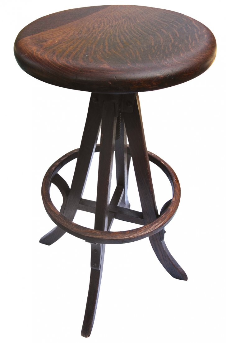 Furniture, early oak bar stool w/adjustable seat, VG+: Furniture, early oak bar stool w/adjustable seat, VG+ cond, 29"H x 20"Dia at base.