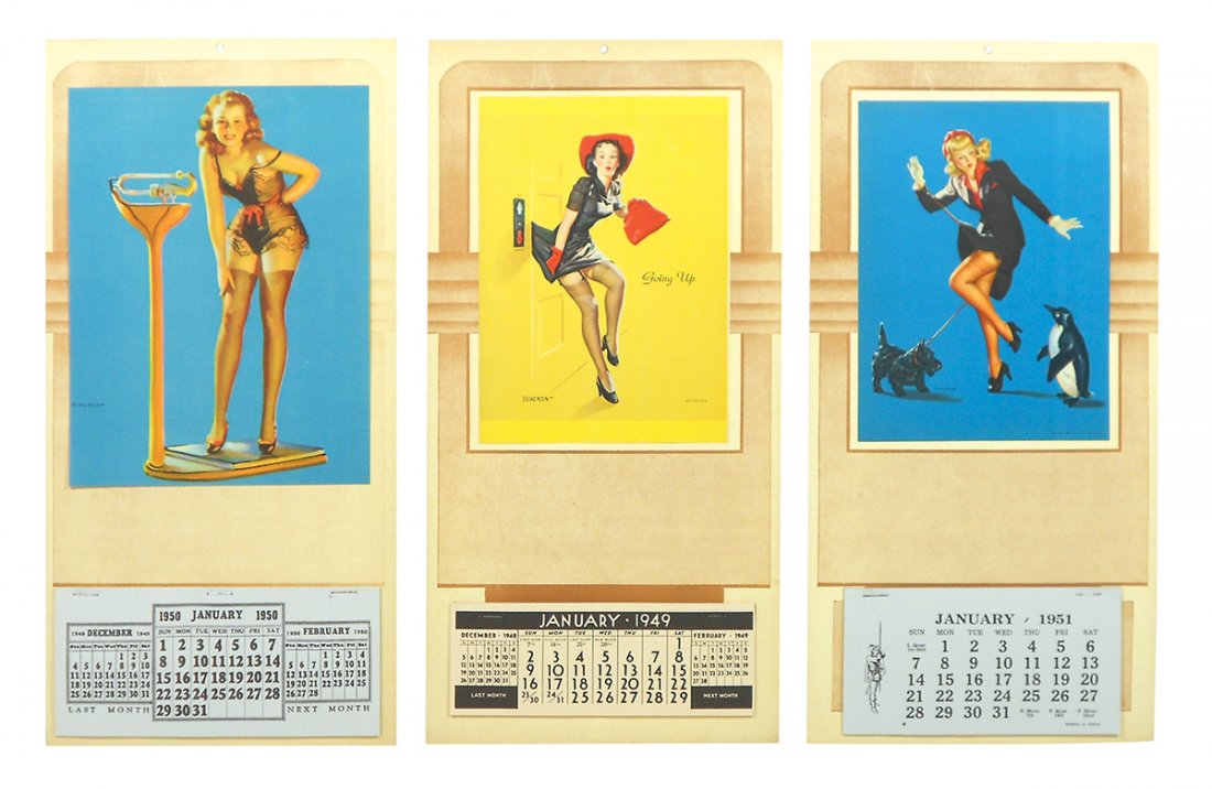 Pin-up calendars (3), 1949, 1950 & 1951 Elvgren signed: Pin-up calendars (3), 1949, 1950 & 1951 Elvgren signed prints of cute pin-up girls, all w/complete pads, Near-Mint cond, 14.25"H x 7"W.
