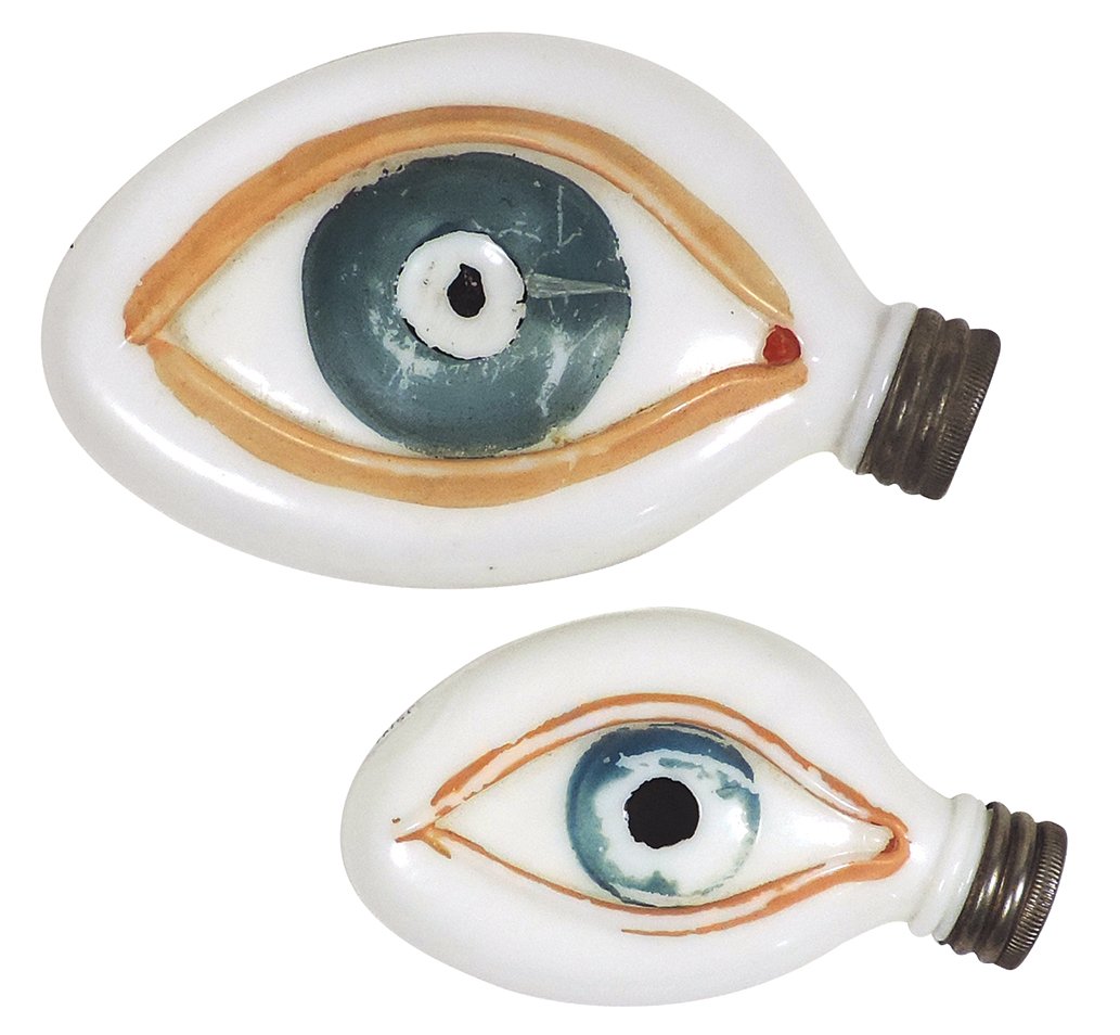 Breweriana (2), "Eye Opener" flasks, painted embossed: Breweriana (2), "Eye Opener" flasks, painted embossed milk glass w/metal screw caps, back of smaller says, "Tear Drops," both show, "Pat Apld For," VG cond, 3.75"W & 5"L.