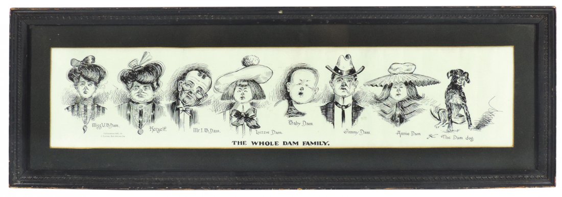 Yardlong print, The Whole Dam Family, copyright 1905 by: Yardlong print, The Whole Dam Family, copyright 1905 by J. Laufer-New Orleans, LA, black & white in period frame, VG cond, 10.75"H x 31.5"W.