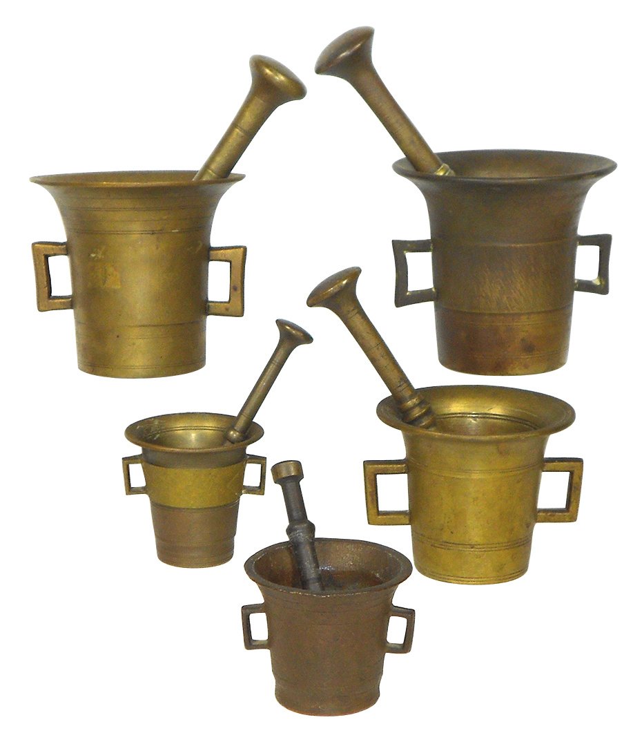 Drug store mortars & pestles (5), Skultuna No. 3; E&H