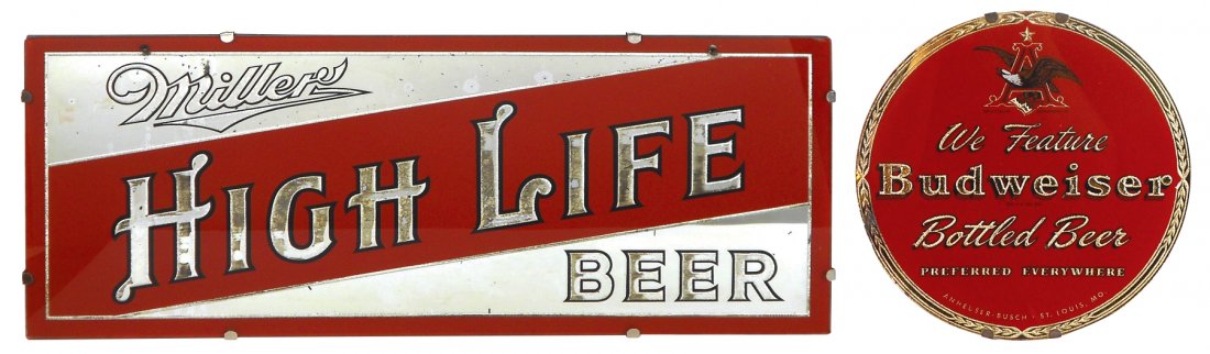 Breweriana signs (2), Budweiser bottled beer, by: Breweriana signs (2), Budweiser bottled beer, by Anheuser-Busch Co., VG+ cond, 10.5"Dia & Miller High Life, Good cond w/some silver loss, 10"H x 24"W, both reverse-on-glass.