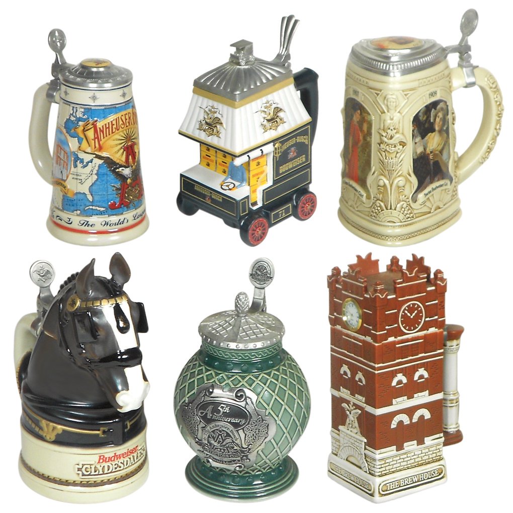 Breweriana (6), Anheuser Busch Collectors Club steins: Breweriana (6), Anheuser Busch Collectors Club steins w/orig boxes: 1995 The Brew House Clock Tower, 1996 King - A Regal Spirit, 1996 World's Largest Brewer, 1997 The Budweiser Girls Historical Reflec