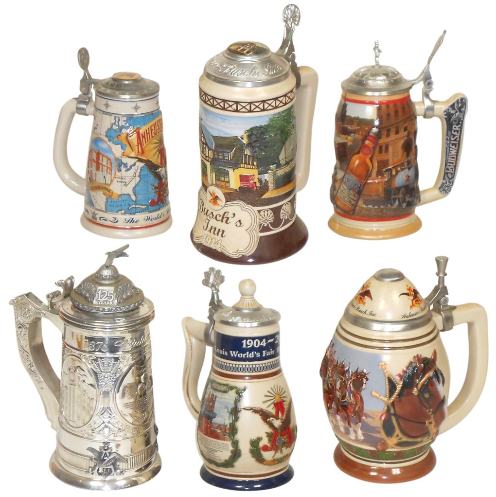 Breweriana (6), Anheuser Busch Collectors Club steins: Breweriana (6), Anheuser Busch Collectors Club steins w/orig boxes: 1996 World's Largest Brewer, 1999 The Golden Age of Brewing, 2001 Budweiser 125th Anniv, 2001 Living the Legacy, 2002 Busch's Inn & 