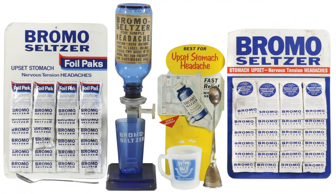 Drug store Bromo-Seltzer items (7), dispenser w/cup,: Drug store Bromo-Seltzer items (7), dispenser w/blue glass base, Bromo glass, (2) measuring spoons, (2) pkgs foil packs, bottle topper & Fire King coffee cup, all Exc cond.