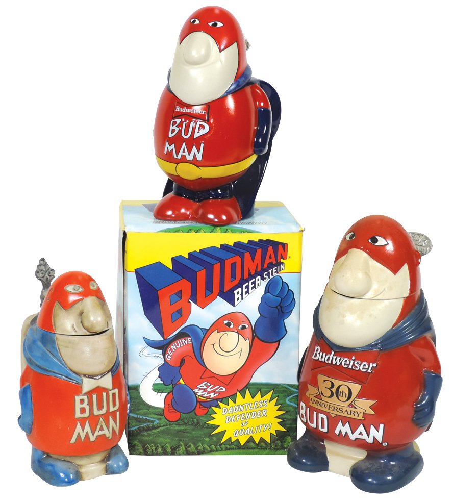 Breweriana steins (3), Bud Man by Ceramarte, made in: Breweriana steins (3), Bud Man by Ceramarte, made in Brazil, flawed lift handle, o/wise VG cond; 30th Anniv, VG cond & 1989 Collector's Edition in box, Exc cond, steins 7.5"-9"H.