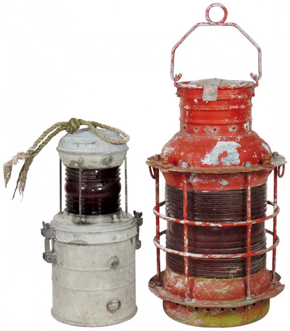 Nautical, ship lamps (2), pressed steel w/red shade, VG (1 of 1)