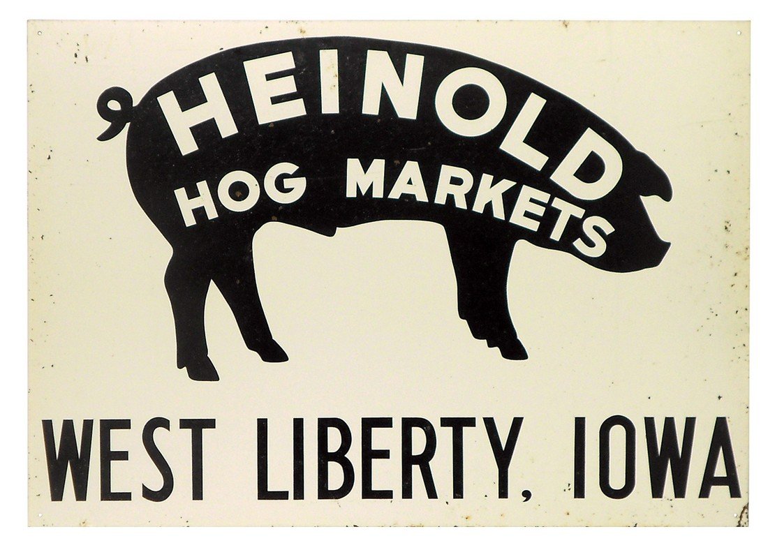 Livestock sign, Heinold Hog Markets- West Liberty, IA,: Livestock sign, Heinold Hog Markets- West Liberty, IA, metal, VG cond w/some foxing, 20"H x 28"W.