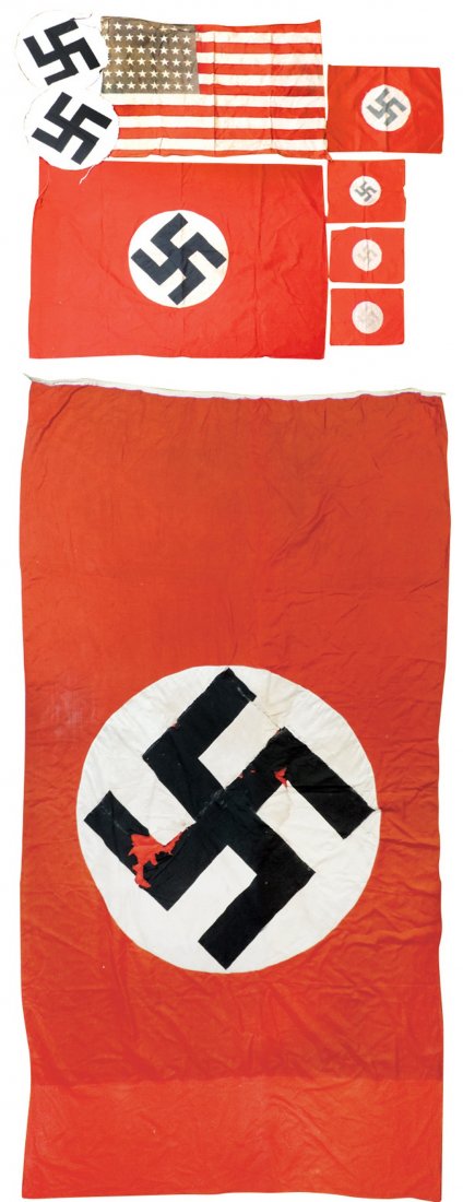 Militaria flags, flag centers & banners (9), WW2 German: Militaria flags, flag centers & banners (9), WW2 German swastika flag w/center appliquÃ©, stained, torn & repaired, 6'H x 11.5"W; (4) appliquÃ©d banners, 29"H x 44"W, 14"H x 18"W, 9.5"H x 11"W, (2