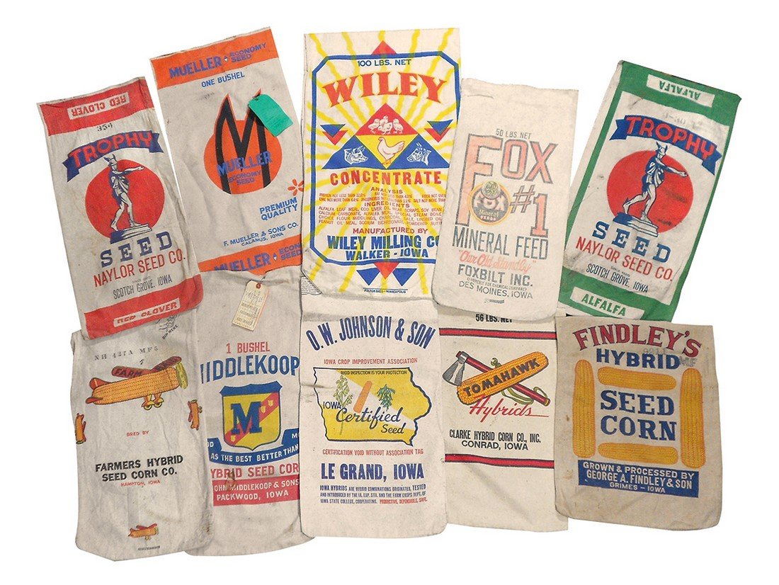 Feed & seed sacks (10), Iowa, from Calamus, Conrad, Des: Feed & seed sacks (10), Iowa, from Calamus, Conrad, Des Moines, Grimes, Hampton, Le Grand, Packwood, Scotch Grove & Walker, most VG & Exc cond.