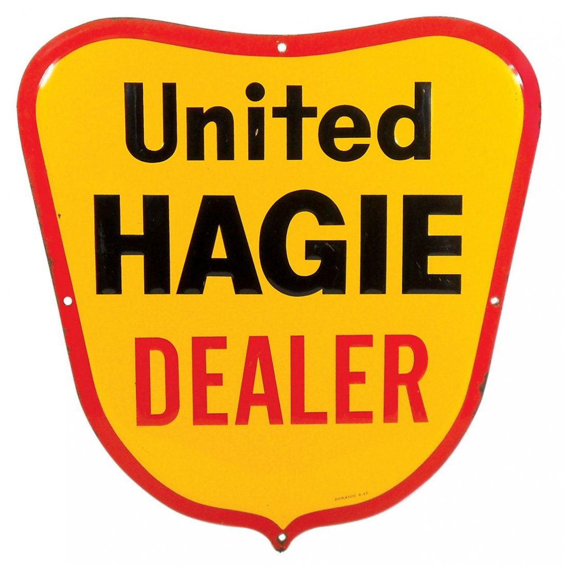 Seed signs (2), United Hagie Dealer, VG+ cond, embossed: Seed signs (2), United Hagie Dealer, VG+ cond, embossed metal, 24"H x 22.5"W & Jaques Seeds Dealer, embossed metal w/sand finish, mfgd by Scioto Signs-Kenton, OH, 2-sided, 1981, VG cond w/some stainin