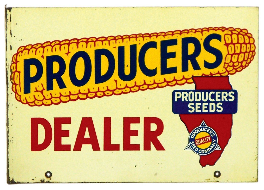 Seed sign, Producers Seed dealer, 2-sided metal flange, (1 of 2)