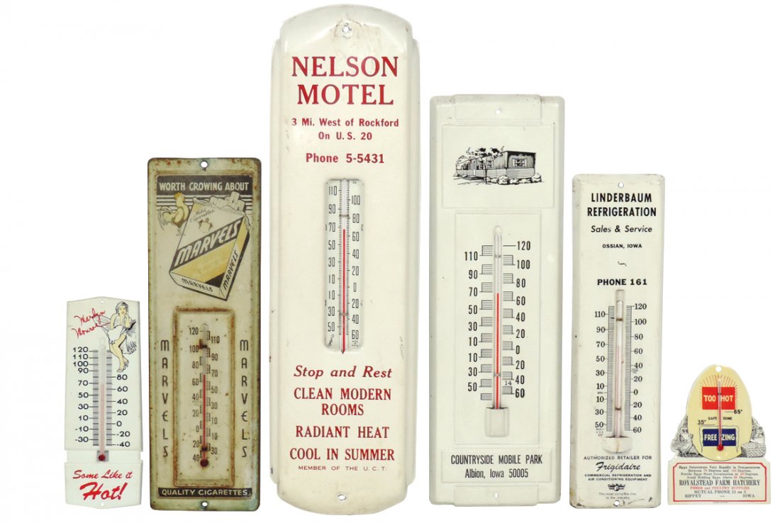 Advertising thermometers (6), Countryside Mobile: Advertising thermometers (6), Countryside Mobile Park-Albion, IA, Exc cond; embossed diecut Royalstead Farm Hatchery-Rippey, IA, Exc cond; Marilyn Monroe "Some Like it Hot!," Exc cond; Linderbaum Refr