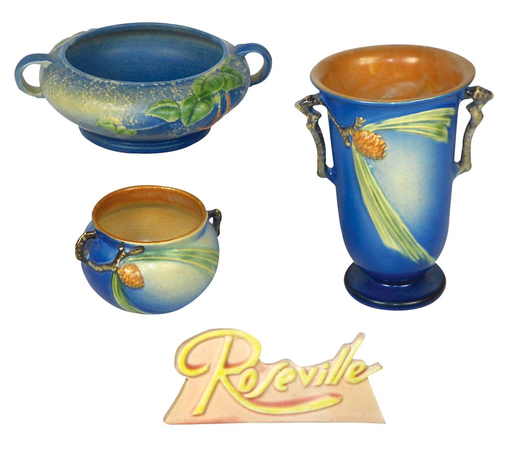 Pottery (4), Roseville, Blue Pine Cone vase 907-7, (1 of 1)