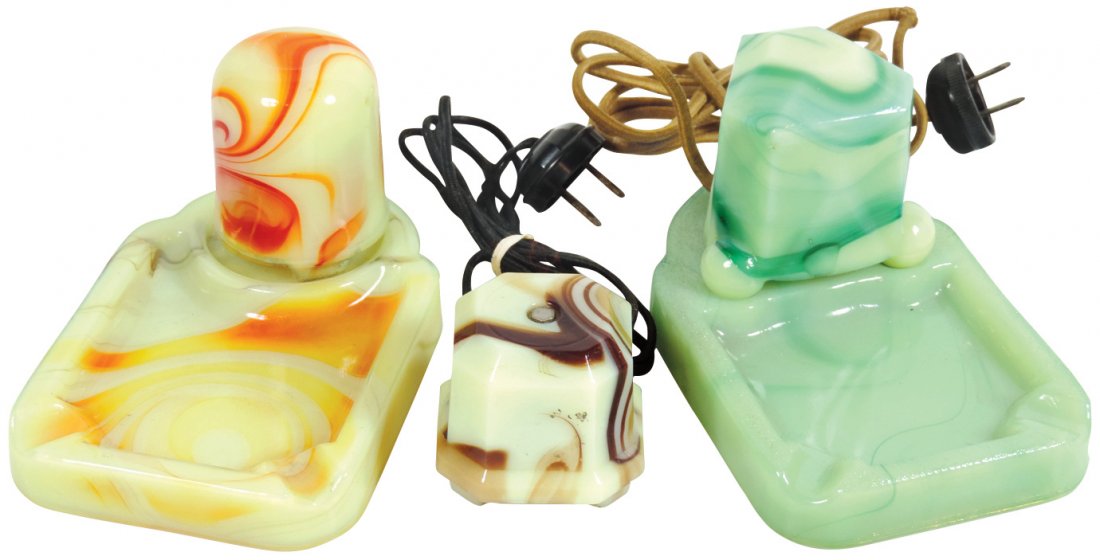 Slag glass table lighters (3), 2 w/matching ashtrays, (1 of 1)