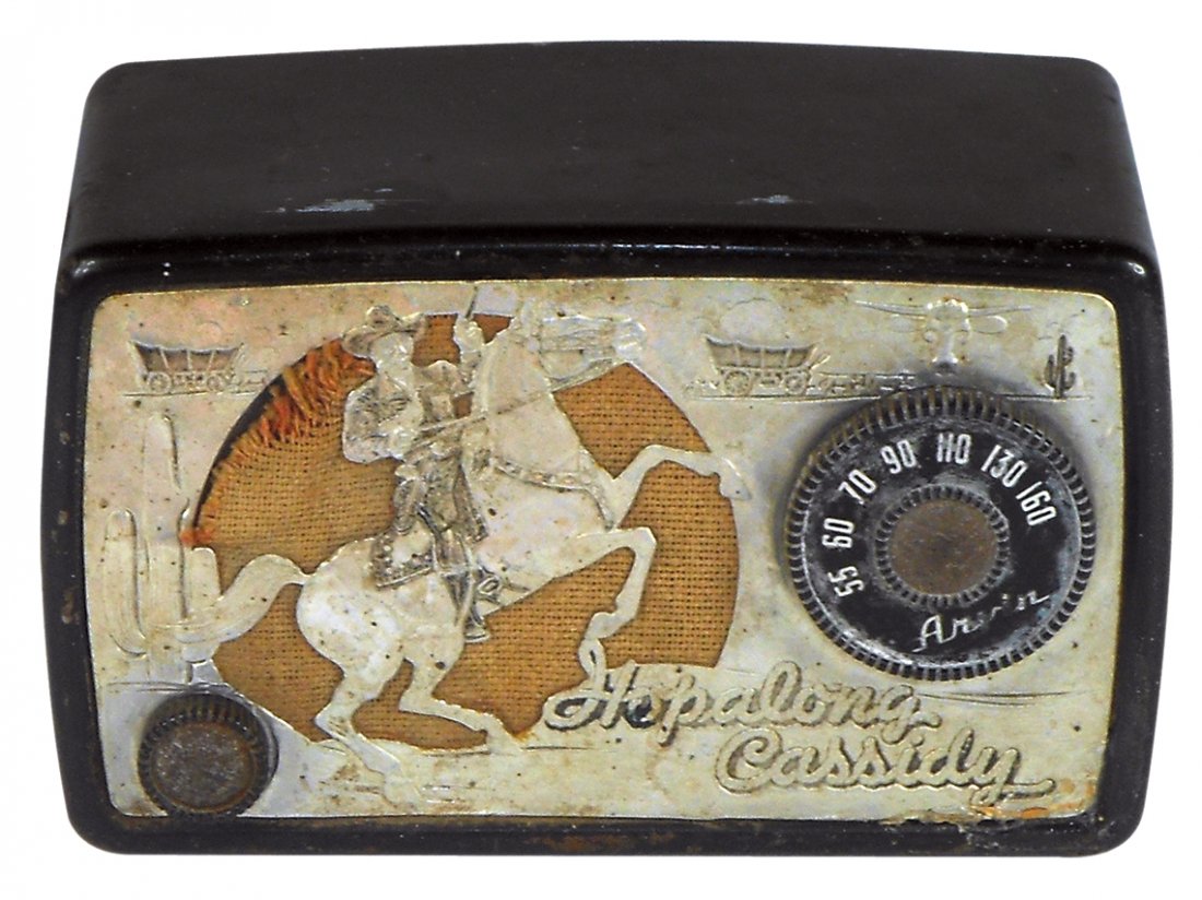 Radio, Hopalong Cassidy, Arvin 441-T, metal w/aluminum: Radio, Hopalong Cassidy, Arvin 441-T, metal w/aluminum front, Good cond, buzzes but does not tune, 5.25"H x 8"W x 4"D.