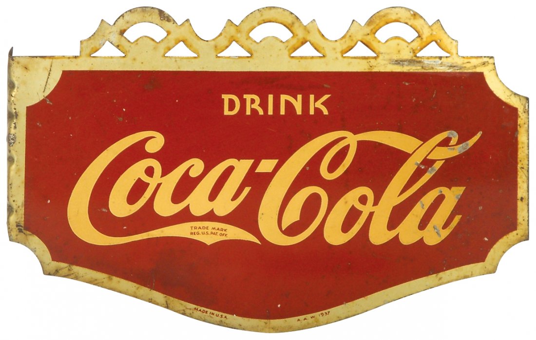 Coca-Cola sign, 2-sided metal flange, 1937, VG cond (1 of 2)