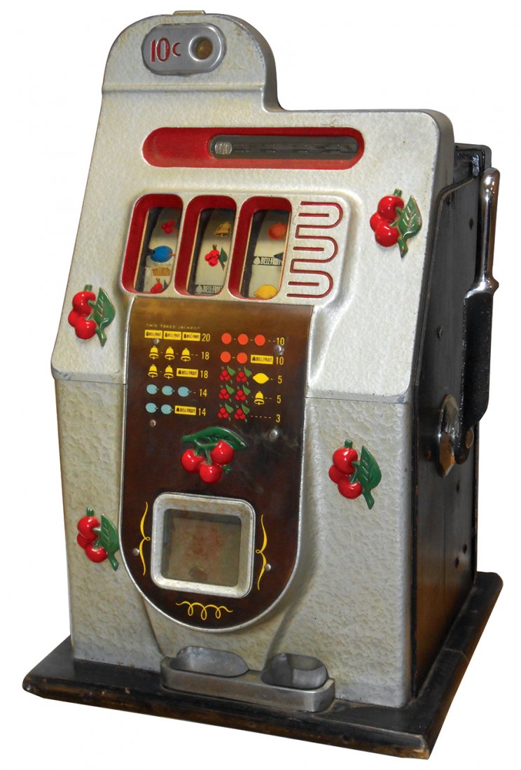 Coin-operated slot machine, Mills Cherry Bell, 10 cent: Coin-operated slot machine, Mills Cherry Bell, 10 cent w/front jackpot, Exc working cond, 28"H x 16"W.