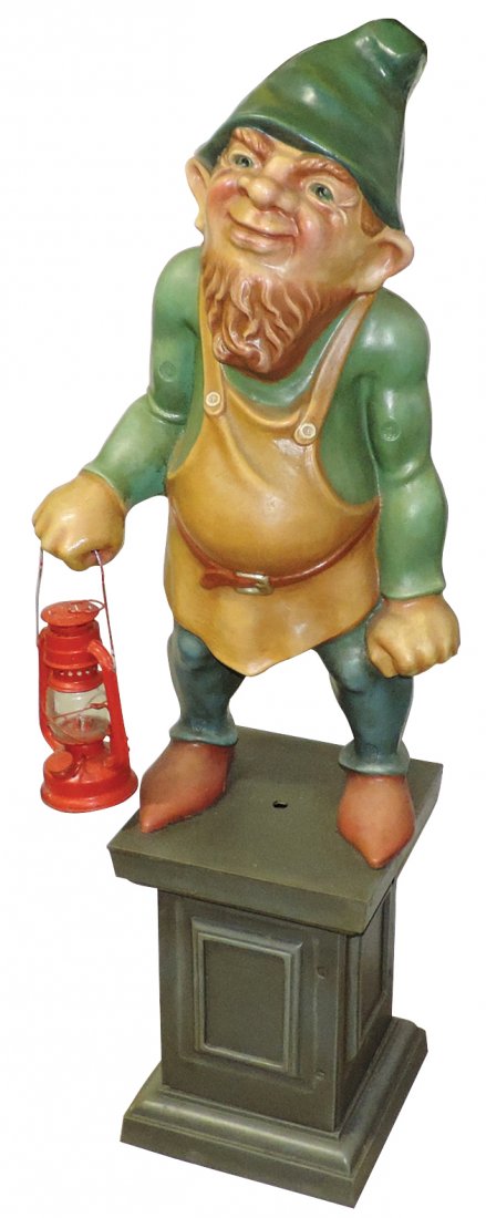 Garden gnome w/lantern, prof painted cast iron figure (1 of 1)