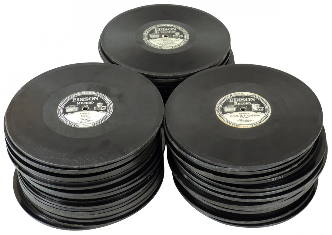 Music, records, 65+ Edisons, 1/4" thick, to play on the: Music, records, 65+ Edisons, 1/4" thick, to play on the Edison in lot 993, Good cond.