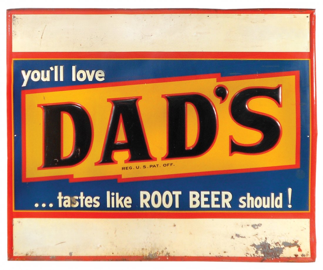 Soda fountain sign, Dads Root Beer, embossed metal, VG (1 of 1)