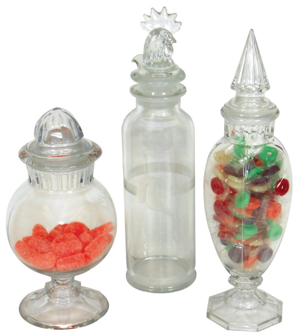 Candy show jars (3), one 3-pc w/Rooster head & pour (1 of 1)