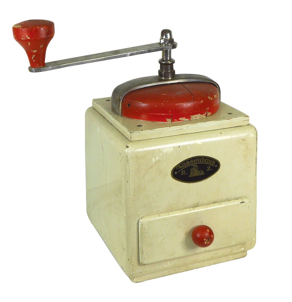 Oversized coffee grinder display, mfgd by Zassenhaus,: Oversized coffee grinder display, mfgd by Zassenhaus, wood w/metal top, VG cond, 27"H x 15"W x 18"D.