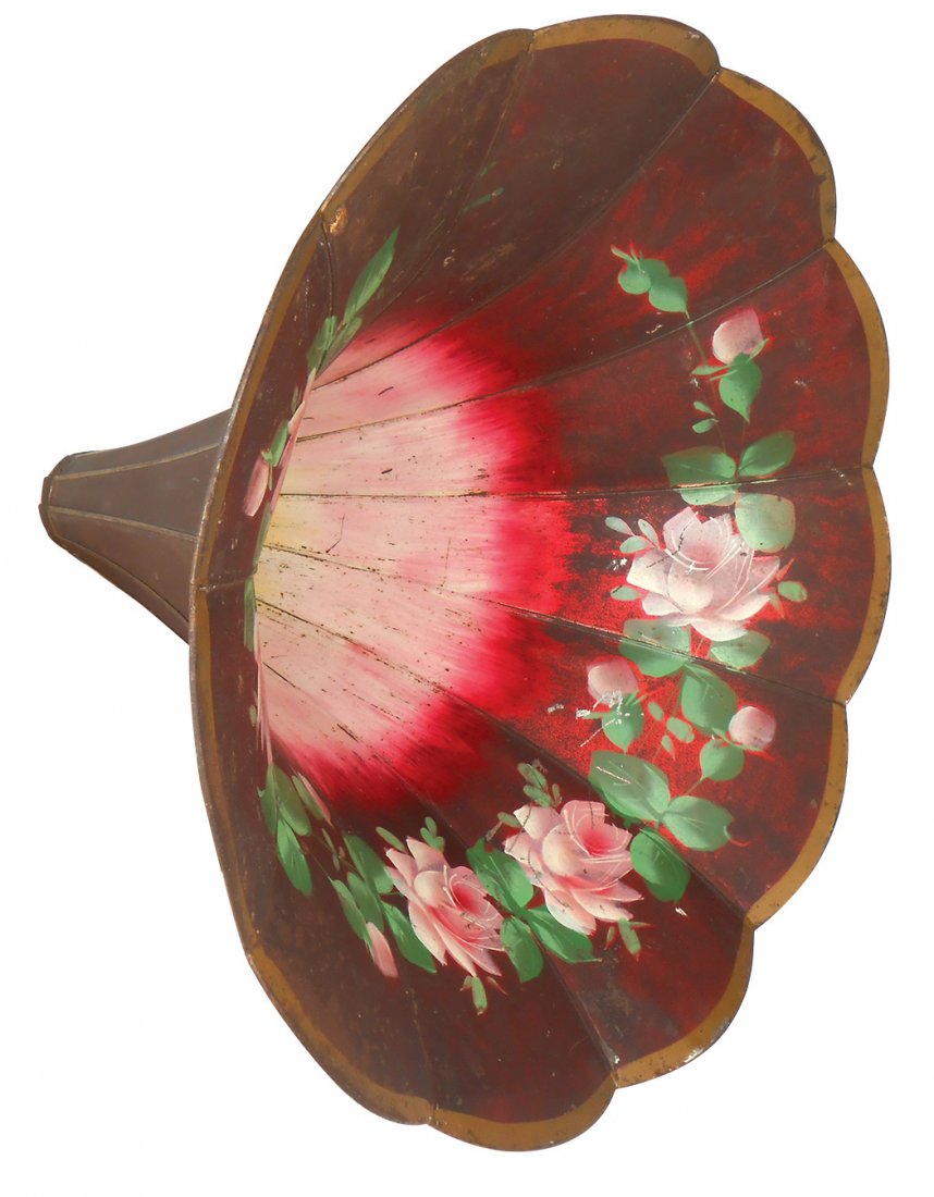 Music, phonograph horns (2), red w/hand-painted (1 of 2)