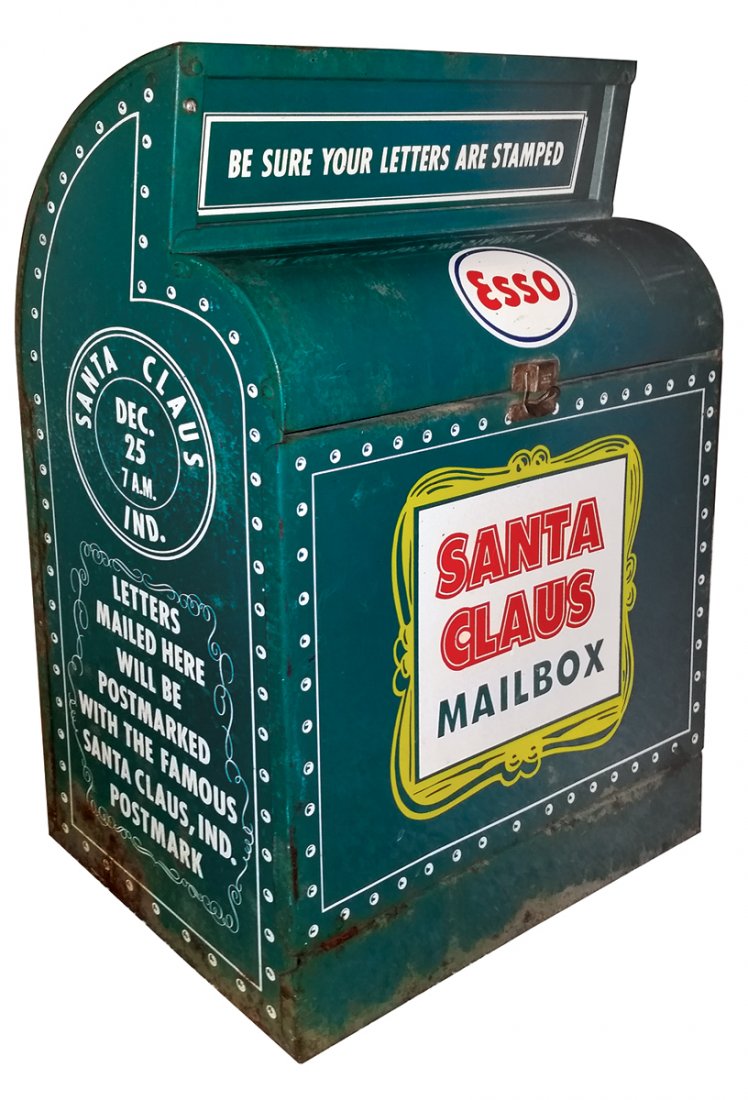 Petroliana, Esso Santa Claus Mailbox, used at old Esso: Petroliana, Esso Santa Claus Mailbox, used at old Esso stations for kids to mail letters to Santa via Santa Claus, IN (a real town!), litho on metal in VG+ cond, 17"H x 12.5"W x 8"D.