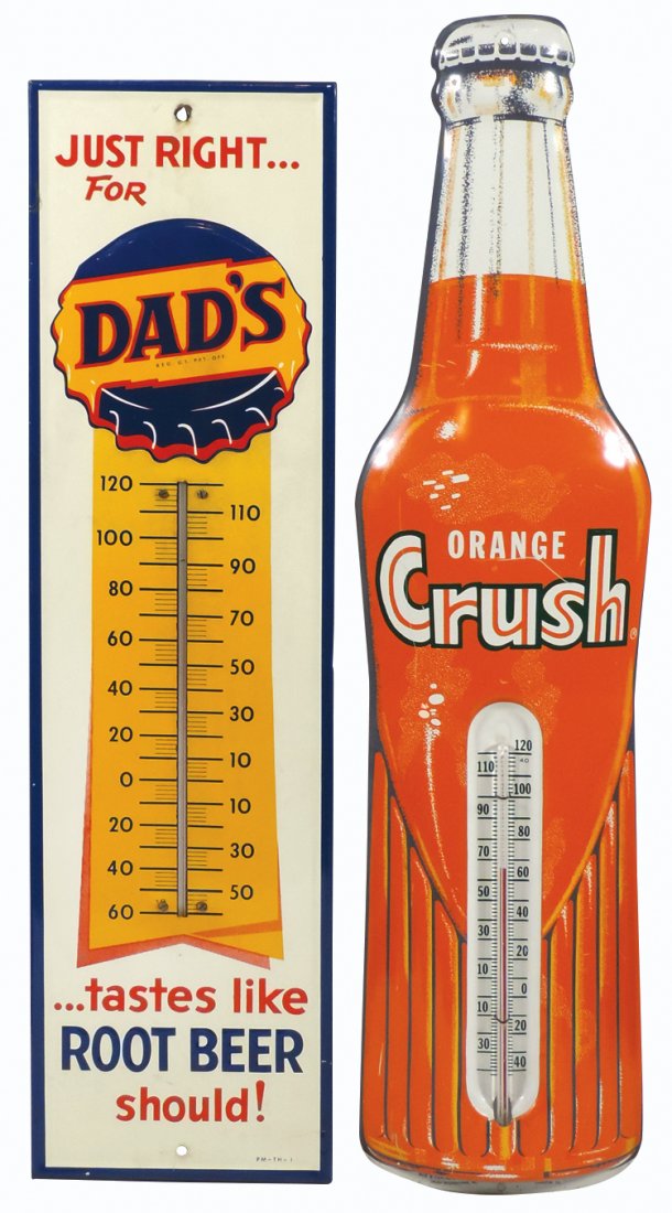 Soda fountain thermometers (2) Orange Crush diecut: Soda fountain thermometers (2) Orange Crush diecut metal bottle, VG+ cond w/minor scratching, 28.75"H x 7"W & Dad's Root Beer, embossed metal w/bottle cap logo, Exc cond, 27"H x 7.25"W.